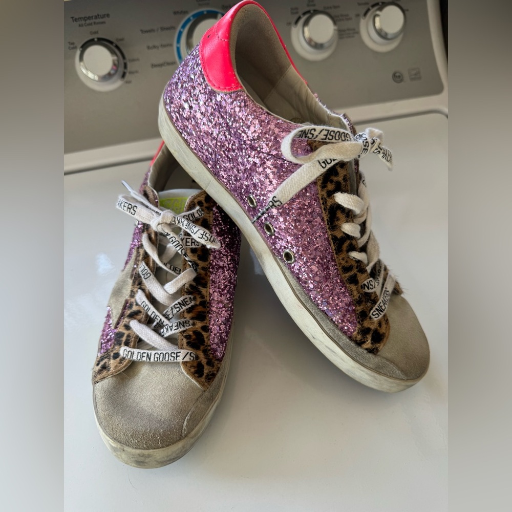 Golden Goose Super-Star Size 38 Purple Glitter Sneakers with Leopard Accents